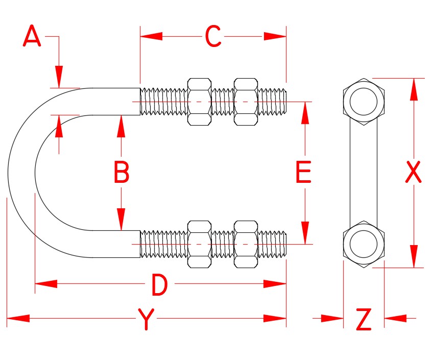 Stainless Steel Long U-Bolt, S0352-07013, S0352-07020, S0352-07025, S0352-10032, S0352-10038, S0352-10050, S0352-13065, S0352-13075, S0352-13090, S0352-13100, S0352-13125, S0352-16150, S0352-16200, S0352-22300, S0352-20250, S0352-22350, S0352-22400, Line Drawing
